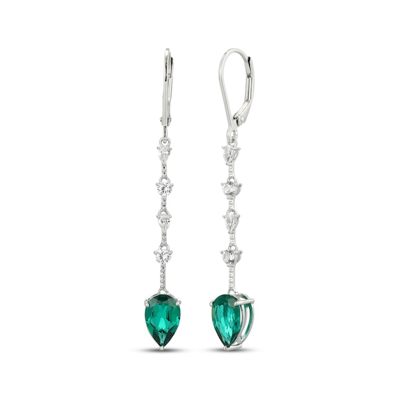 Pear-Shaped Lab-Created Emerald & White Lab-Created Sapphire Drop Earrings Sterling Silver