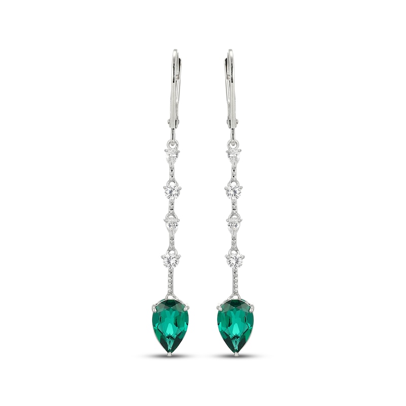 Main Image 2 of Pear-Shaped Lab-Created Emerald & White Lab-Created Sapphire Drop Earrings Sterling Silver