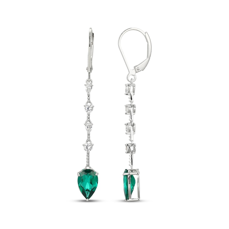 Main Image 3 of Pear-Shaped Lab-Created Emerald & White Lab-Created Sapphire Drop Earrings Sterling Silver