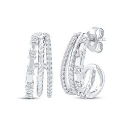 Diamond Three-Row Split J-Hoop Huggie Earrings 1/4 ct tw 10K White Gold