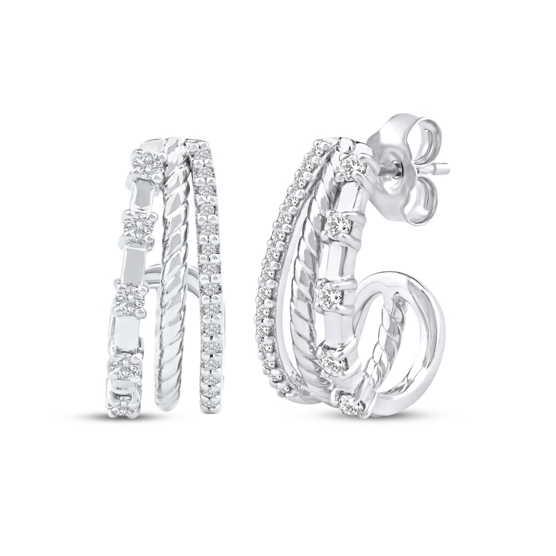 Main Image 1 of Diamond Three-Row Split J-Hoop Huggie Earrings 1/4 ct tw 10K White Gold