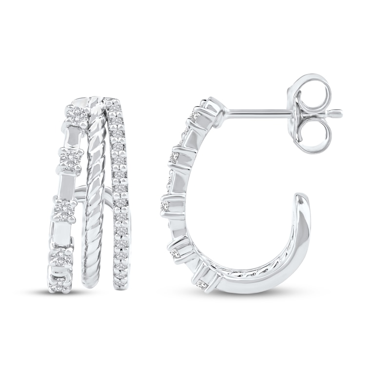 Main Image 3 of Diamond Three-Row Split J-Hoop Huggie Earrings 1/4 ct tw 10K White Gold