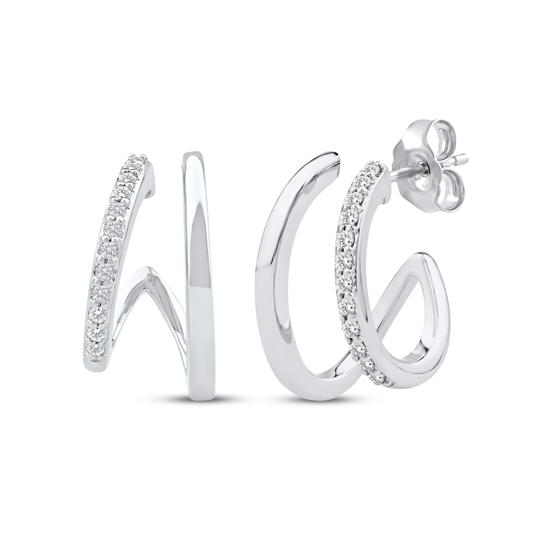 Main Image 1 of Diamond Two-Row Split J-Hoop Huggie Earrings 1/6 ct tw 10K White Gold