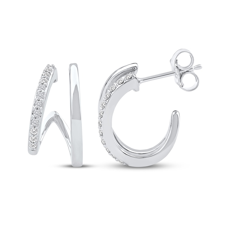 Main Image 3 of Diamond Two-Row Split J-Hoop Huggie Earrings 1/6 ct tw 10K White Gold