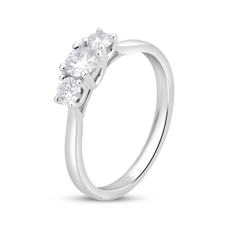 Main Image 2 of Memories Moments Magic Lab-Grown Diamond Round-Cut Three-Stone Halo Engagement Ring 1 ct tw 14K White Gold