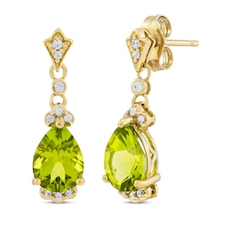Pear-Shaped Peridot & Diamond Drop Earrings 1/10 ct tw 10K Yellow Gold