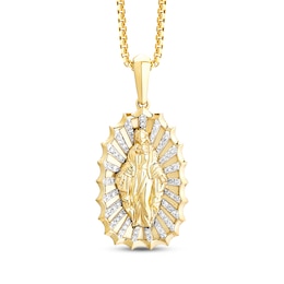 Men's White & Black Diamond Blessed Mother Diamond-Cut Necklace 1/6 ct tw 10K Yellow Gold 22&quot;