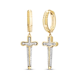 Men's White & Black Diamond Dagger Dangle Hoop Earrings 1/4 ct tw 10K Yellow Gold