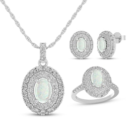 Oval-Cut Lab-Created Opal & White Lab-Created Sapphire Necklace, Ring & Earrings Gift Set Sterling Silver