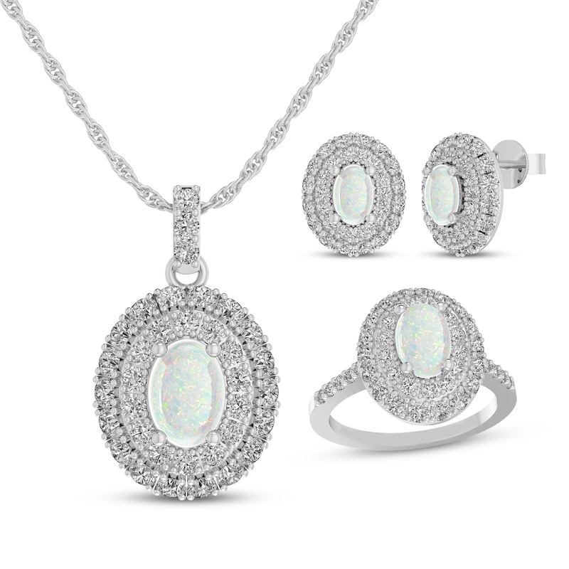 Main Image 1 of Oval-Cut Lab-Created Opal & White Lab-Created Sapphire Necklace, Ring & Earrings Gift Set Sterling Silver