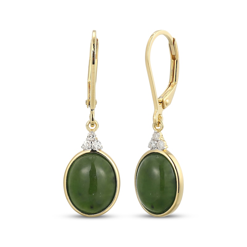 Main Image 1 of Oval Nephrite Jade & Diamond Drop Earrings 1/15 ct tw 14K Yellow Gold