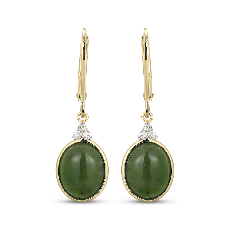 Main Image 2 of Oval Nephrite Jade & Diamond Drop Earrings 1/15 ct tw 14K Yellow Gold