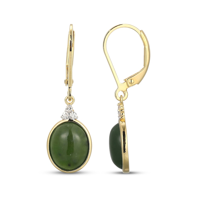 Main Image 3 of Oval Nephrite Jade & Diamond Drop Earrings 1/15 ct tw 14K Yellow Gold