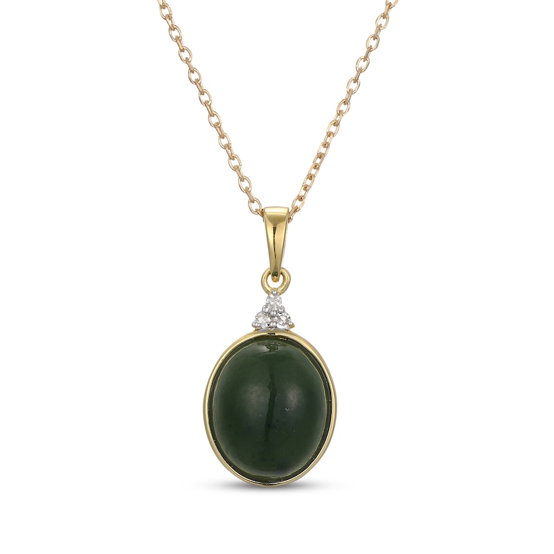 Main Image 1 of Oval Nephrite Jade & Diamond Accent Necklace 14K Yellow Gold 18&quot;