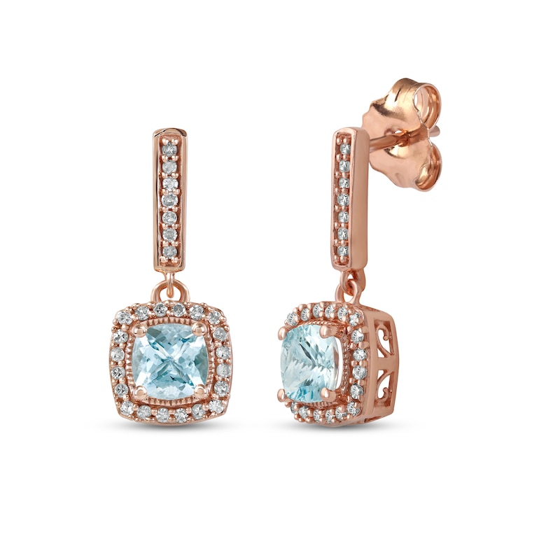 Main Image 1 of Aquamarine & Diamond Drop Earrings 1/8 ct tw Cushion/Round-cut 10K Rose Gold