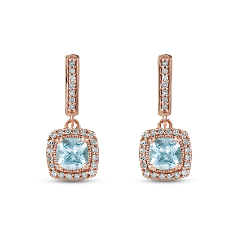 Main Image 2 of Aquamarine & Diamond Drop Earrings 1/8 ct tw Cushion/Round-cut 10K Rose Gold