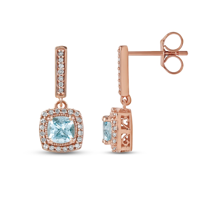 Main Image 3 of Aquamarine & Diamond Drop Earrings 1/8 ct tw Cushion/Round-cut 10K Rose Gold