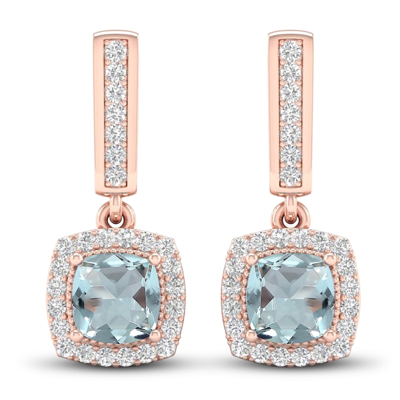 Main Image 4 of Aquamarine & Diamond Drop Earrings 1/8 ct tw Cushion/Round-cut 10K Rose Gold