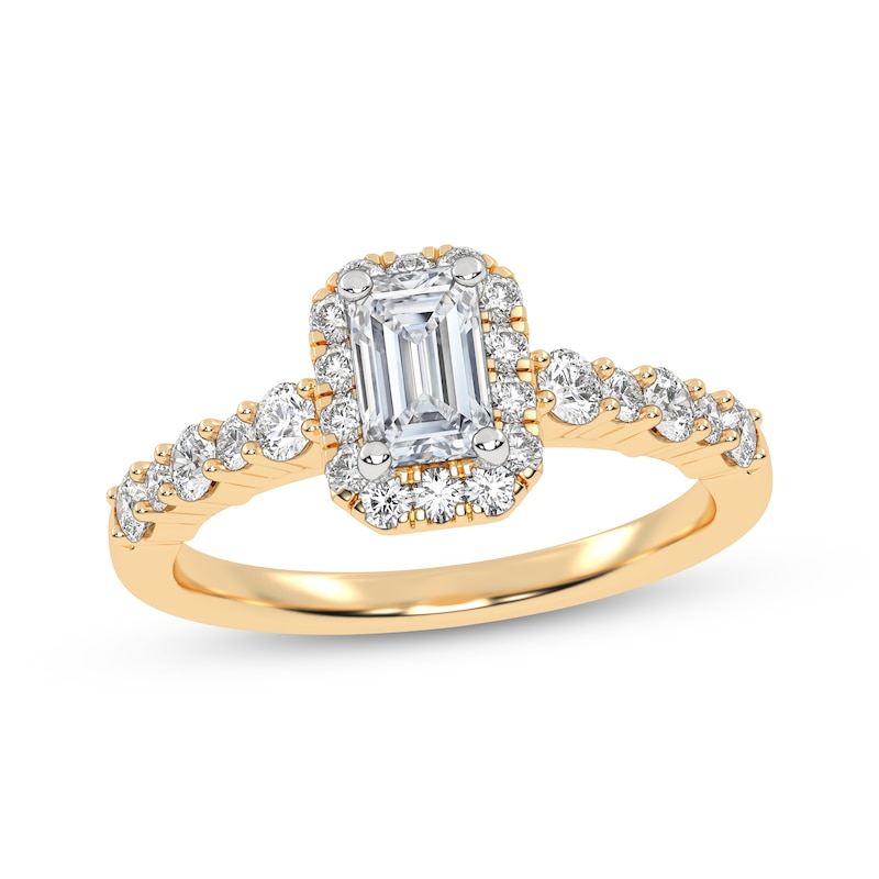 Main Image 1 of Lab-Grown Diamonds by KAY Emerald-Cut Halo Engagement Ring 3/4 ct tw 14K Yellow Gold