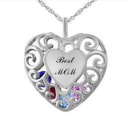 Birthstone Family & Mother's Caged Heart Necklace (1-4 Stones and 2 Lines)