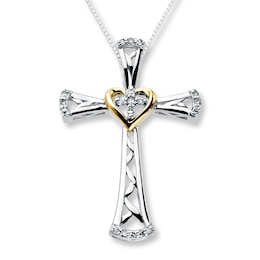 Diamond Cross Necklace 1/10 ct tw Sterling Silver & 10K Yellow Gold