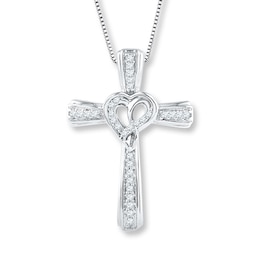 Diamond Cross Necklace 1/6 ct tw Round-cut Sterling Silver 18&quot;