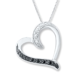 Heart Necklace Black and White Diamonds Sterling Silver 18&quot;
