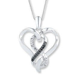 Black/White Diamond Heart Necklace 1/10 ct tw Sterling Silver 18&quot;