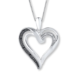 Black/White Diamond Heart Necklace Sterling Silver 18&quot;