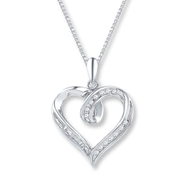 Diamond Heart Necklace 1/8 ct tw Baguette/Round Sterling Silver