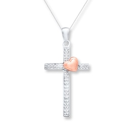 Cross Necklace 1/20 ct tw Diamonds Sterling Silver & 10K Rose Gold