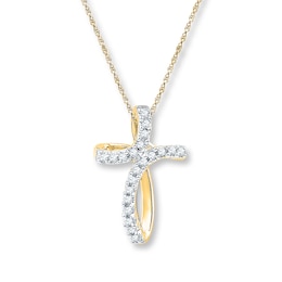 Diamond Cross Necklace 1/15 ct tw Round-cut 10K Yellow Gold