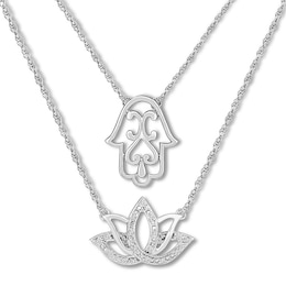 Hamsa & Lotus Necklace 1/20 ct tw Diamonds Sterling Silver