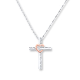 Cross Necklace 1/10 ct tw Diamonds Sterling Silver & 10K Rose Gold