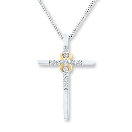 Cross Necklace 1/8 ct tw Diamonds Sterling Silver & 10K Yellow Gold