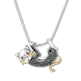 Black Diamond Cat Necklace 1/5 ct tw Sterling Silver & 10K Yellow Gold