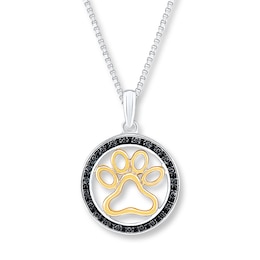 Paw Print Necklace 1/10 ct tw Diamonds Sterling Silver & 10K Yellow Gold 18&quot;