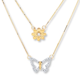 Butterfly Layered Necklace 1/10 ct tw Diamonds 10K Yellow Gold