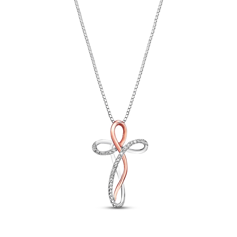 Main Image 1 of Diamond Cross Necklace 1/10 ct tw Sterling Silver & 10K Rose Gold 18&quot;