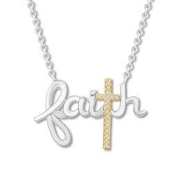 Diamond &quot;Faith&quot; Cross Necklace Sterling Silver & 10K Yellow Gold 18&quot;