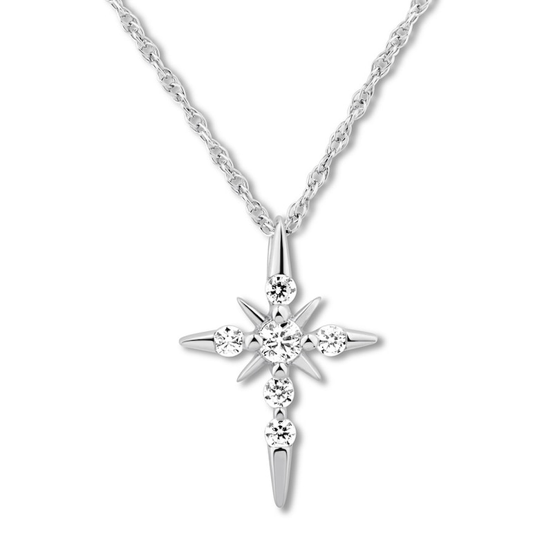 Main Image 1 of Diamond Cross Necklace 1/8 ct tw Round-cut 10K White Gold 18&quot;