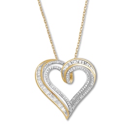 Diamond Heart Necklace 1/2 ct tw Round & Baguette 10K Yellow Gold 18&quot;