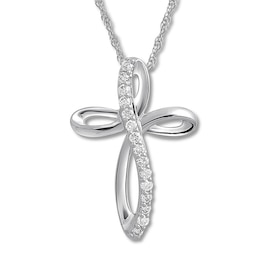 Diamond Cross Necklace 1/10 ct tw Round-cut 10K White Gold 18&quot;