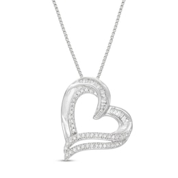 Diamond Heart Necklace 1/4 ct tw Round & Baguette Sterling Silver 18&quot;