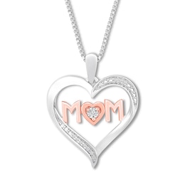 Diamond Mom Heart Necklace Sterling Silver & 10K Rose Gold 18&quot;