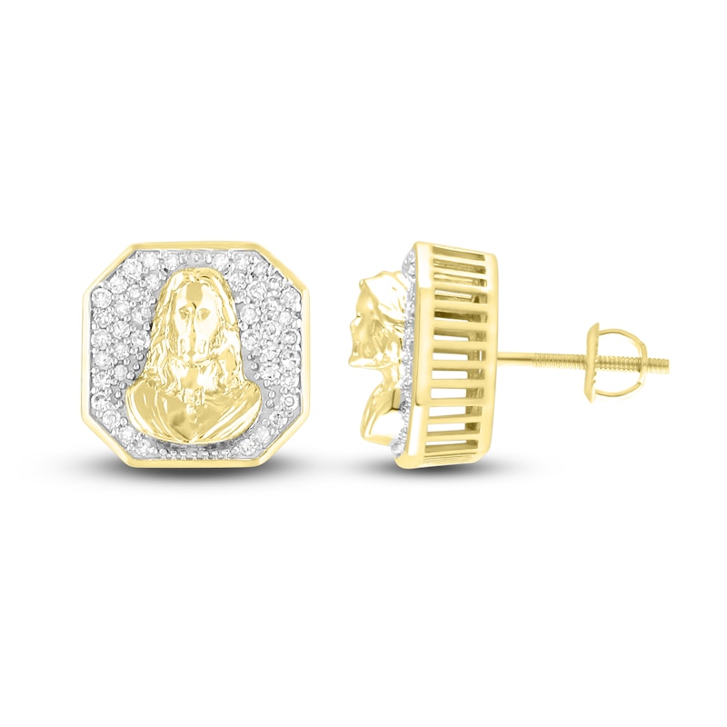 Main Image 2 of Men's Diamond Christ Earrings 1/4 ct tw 10K Yellow Gold