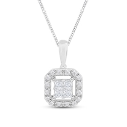 Diamond Halo Necklace 1/4 ct tw Princess & Round 10K White Gold 19&quot;