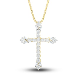 Diamond Cross Necklace 1/6 ct tw Round & Baguette 10K Yellow Gold 18&quot;