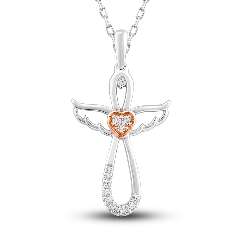 Main Image 1 of Diamond Cross/Angel Necklace 1/15 ct tw Round-cut Sterling Silver & 10K Rose Gold 18&quot;