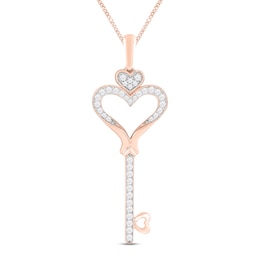 Diamond Heart Key Necklace 1/4 ct tw Round-cut 10K Rose Gold 19&quot;